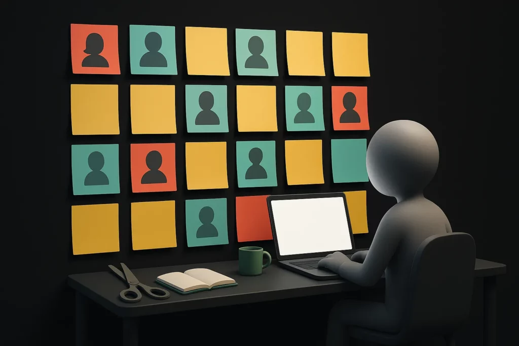 Figura stilizzata di una persona che trae ispirazione da post-it colorati con volti, concetto visivo del libro Ruba come un artista.