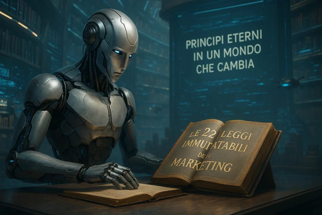 Un robot umanoide legge un antico libro intitolato “Le 22 Leggi Immutabili del Marketing” all’interno di una biblioteca futuristica.