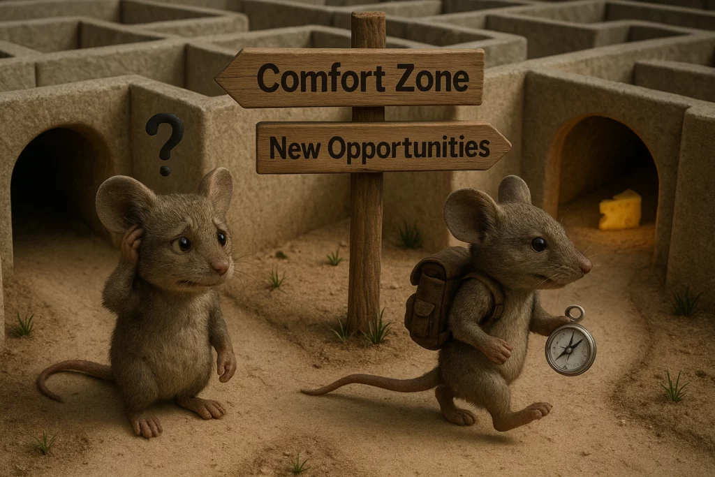 Due topi realistici a un bivio in un labirinto, uno esitante vicino a un tunnel della "Comfort Zone", l'altro che cammina con sicurezza verso "Nuove opportunità" con un formaggio luminoso in lontananza.