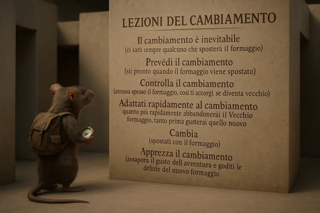 Un topo realistico con zaino e bussola legge le Lezioni del Cambiamento su un muro all’interno di un labirinto di pietra.