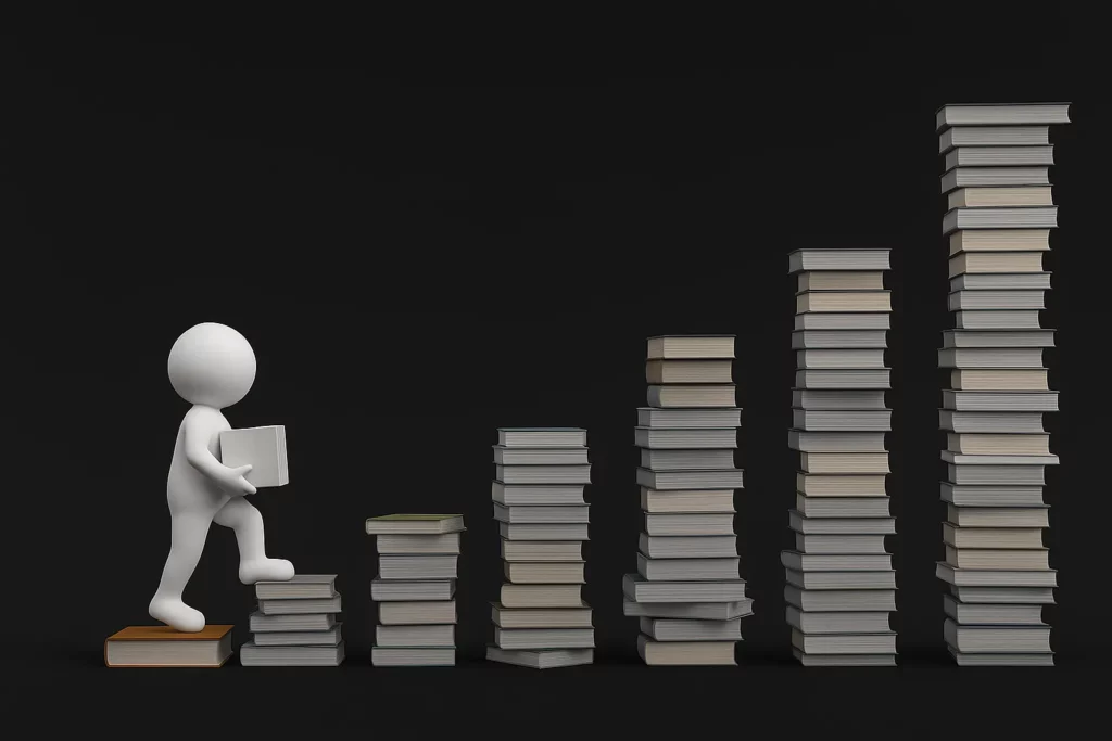 Figura stilizzata umanoide che sale una scala composta da pile di libri disposte in ordine crescente su sfondo nero.