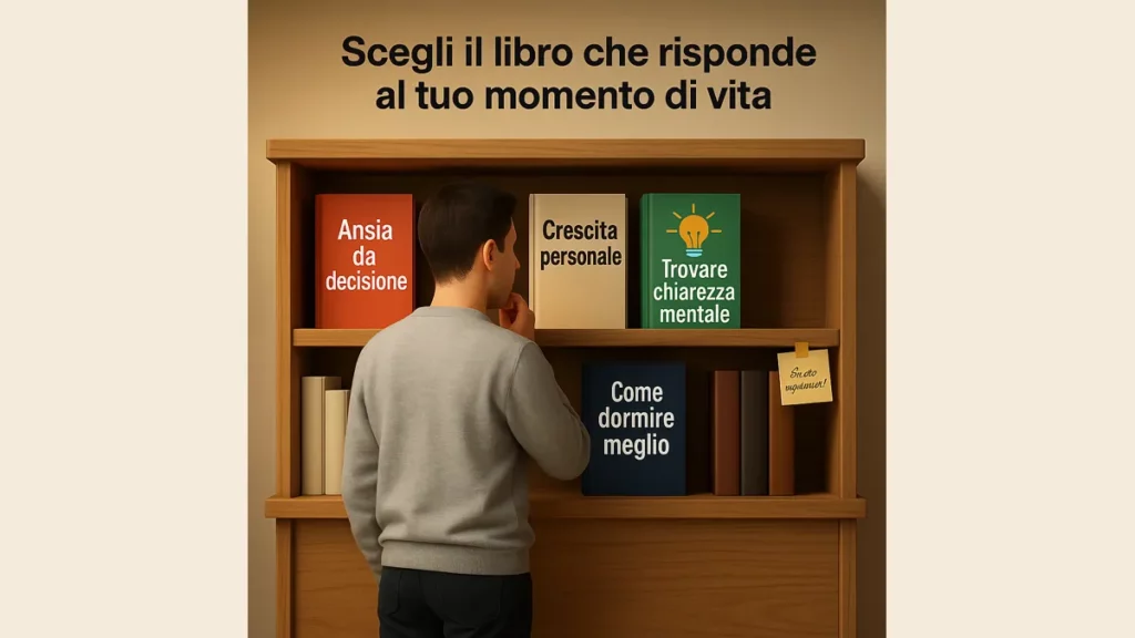 Giovane uomo osserva pensieroso una libreria in legno con libri dedicati alla crescita personale, chiarezza mentale, ansia da decisione e sonno.